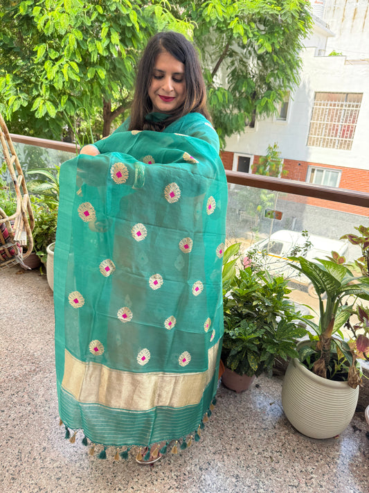 Cinnamon Brown Kora silk certified handloom Banarsi kadwa Booti Meenakari three piece suit