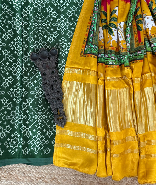 Green patola mashru silk kurta with  patola pichwai handcrafted modalsilk dupatta