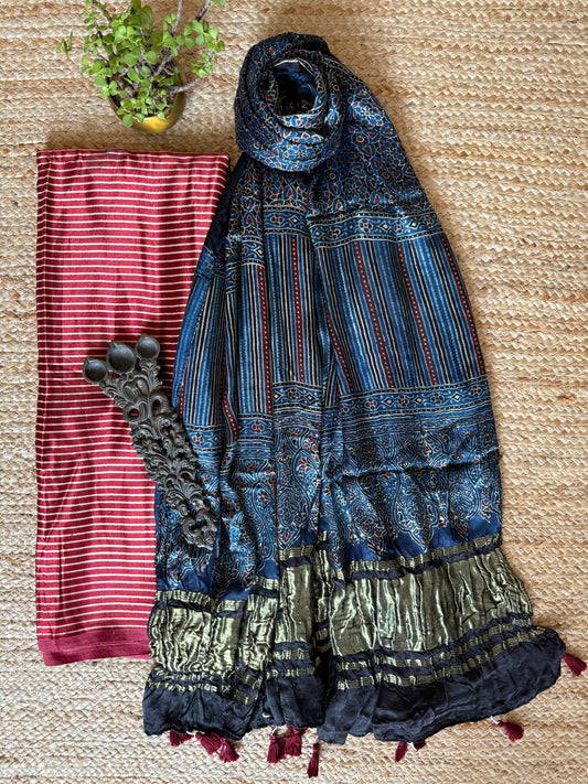 MAROON MASHRU SILK KURTA WITH AJRAKH  HANDCRAFTED MODAL SILK DUPATTA  ps-232