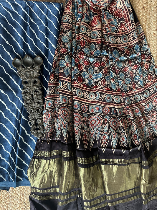 BLUE MASHRU SILK KURTA WITH AJRAKH HANDCRAFTED MODAL SILK DUPATTA MAK -6
