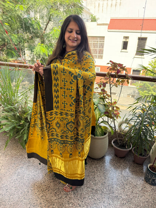 MUSTARD YELLOW AJRAKH MODAL SILK HANDBLOCK KURTA SET