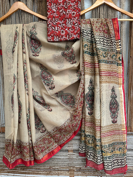 BEIGE MAROON KOTA DORIA HANDBLOCK SARI