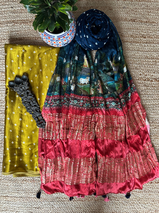 MUSTARD MASHRU KURTA WITH BANDHANI PICHWAI HANDCRAFTED  MODAL SILK DUPATTAS