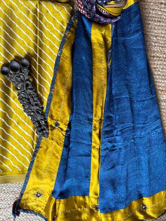 MUSTARD MASHRU SILK KURTA WITH AJRAKH PATCHWORK  HANDCRAFTED MIRROR WORK MODAL SILK DUPATTA PWK-6