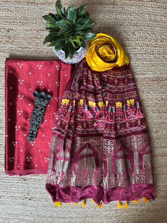 MAROON MASHRU KURTA WITH BANDHANI PATOLA HANDCRAFTED  MODAL SILK DUPATTAS PS-1043