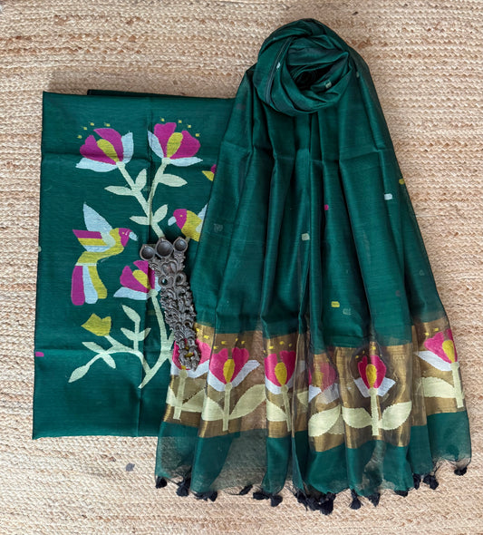Forest Green handwoven jamdani pure cotton silk kurta set mjk