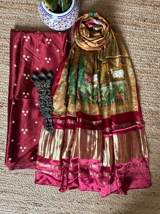 MAROON THREE DOTS SILK KURTA WITH PATOLA HANDCRAFTED MODAL SILK DUPATTA PS-58