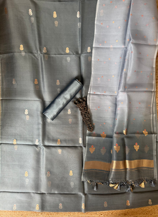 Ash Grey kora silk certified handloom banarsi kadwa booti meenakari Ombré Shade Duppatta three piece suit