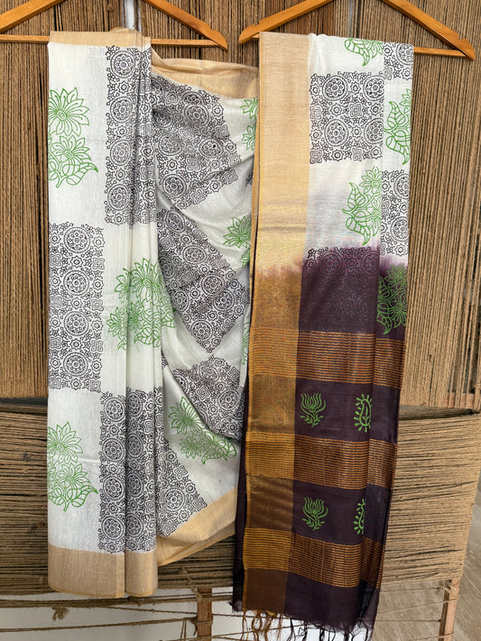 BEAUTIFUL WHITE & WINE HANDBLOCK PRINTED SARI IN SEMI TUSSAR WITH BLOUSE