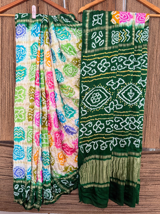 GREEN & MULTI COLOUR GAJJI SILK GHARCHOLA RAI BANDHANI GAJJI SARI  BS- 2015