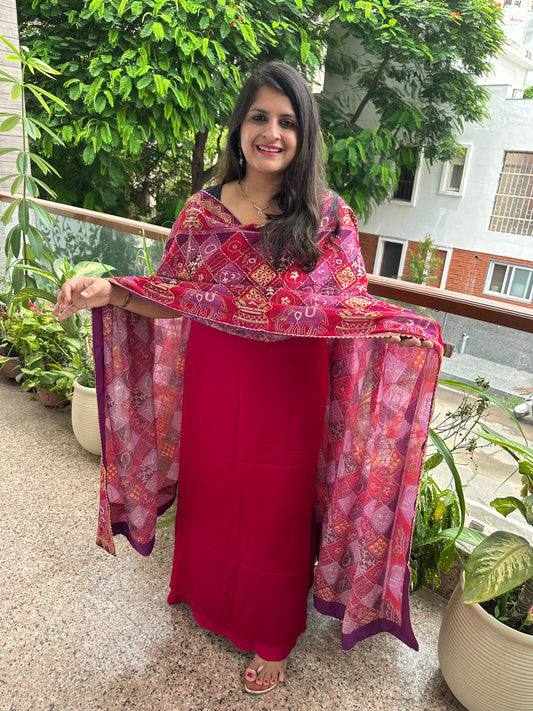 RANI PINK MODAL SILK KURTA WITH VINTAGE HANDCRAFTED HEAVY EMBROIDERY GEORGETTE DUPATTA VKS-1