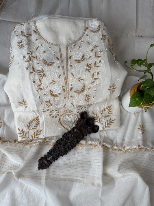 WHITE EMBROIDERY PREMIUM MULL CHANDERI LUCKNOWI CHICKENKARI WITH MOTI WORK HAND EMBROIDERY THREE PIECE SUIT