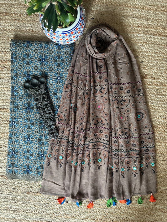 GREENISH BLUE AJRAKH HANDBLOCK AND HAND EMBROIDERY KURTA WITH  AJRAKH HAND EMBROIDERY DUPATTA