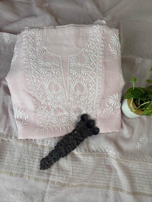PASTEL  PINK PREMIUM  MULL CHANDERI LUCKNOWI CHICKENKARI HAND EMBROIDERY THREE PIECE SUIT