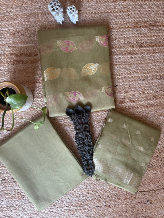 OLIVE Green Chanderi handloom  Banarsi Booti three piece suit  CBS-306