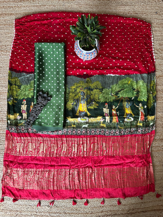GREEN MASHRU KURTA WITH BANDHANI PICHWAI HANDCRAFTED  MODAL SILK DUPATTAS PS- 1028