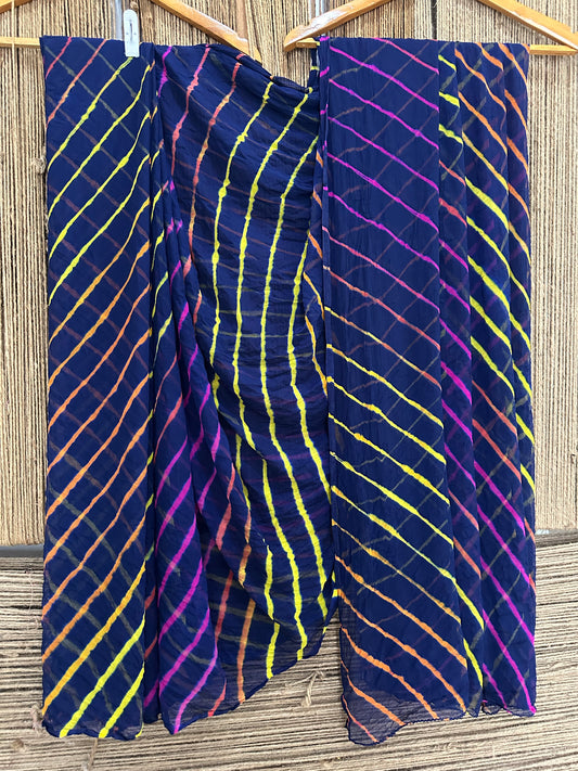 NAVY BLUE MULTI LEHERIYA HANDCRAFTED  CHIFFON SARI CL -1047