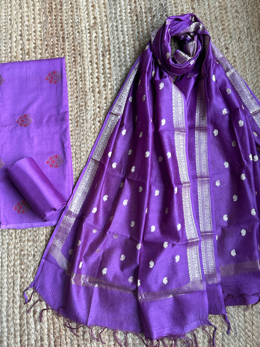 PURPLE BANARASI CHANDERI  HANDLOOM THREE PIECE  SET SUIT