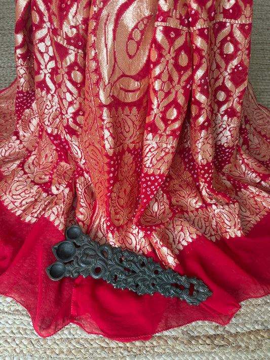 Cherry Red  handwoven neemzari bareek bandhani in khaddi georgette dupatta  bd-1081