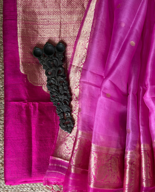 HOT PINK RAW SILK CERTIFIED HANDLOOM BANARSI SUIT WITH WOVEN ZARI THREE PIECE SUIT