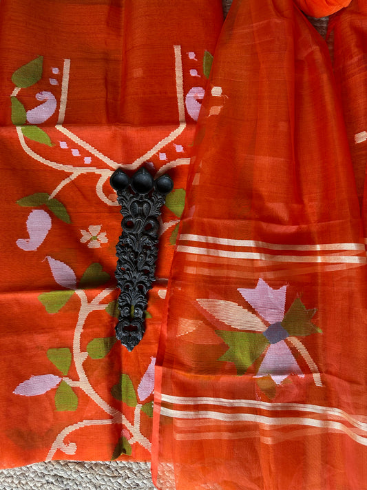 RED ORANGE HANDWOVEN JAMDANI PURE MUSLIN SILK KURTA SET MJK-47