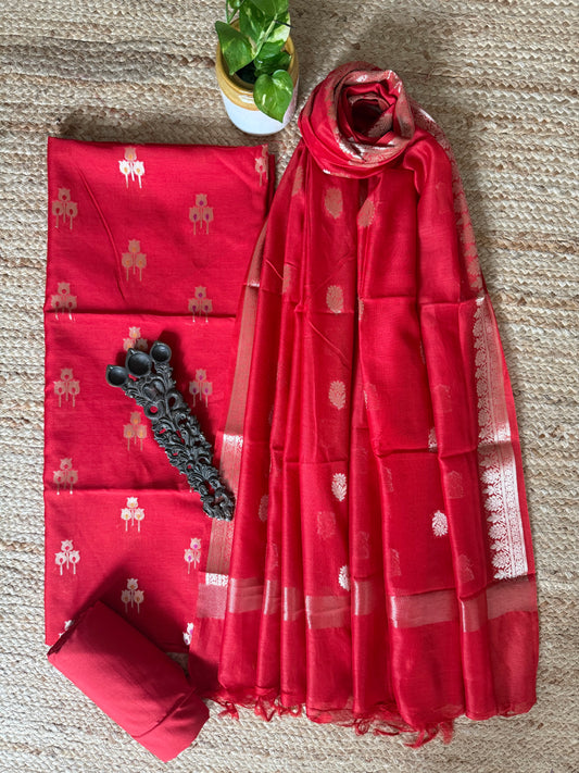 Classic Red Chanderi handloom  banarsi booti three piece suit