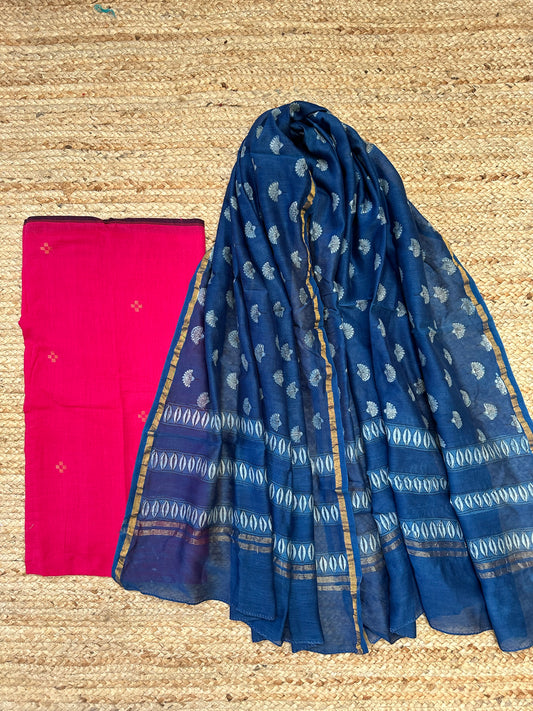 Red JAMDANI WOVEN MULL KURTA WITH DUPATTA