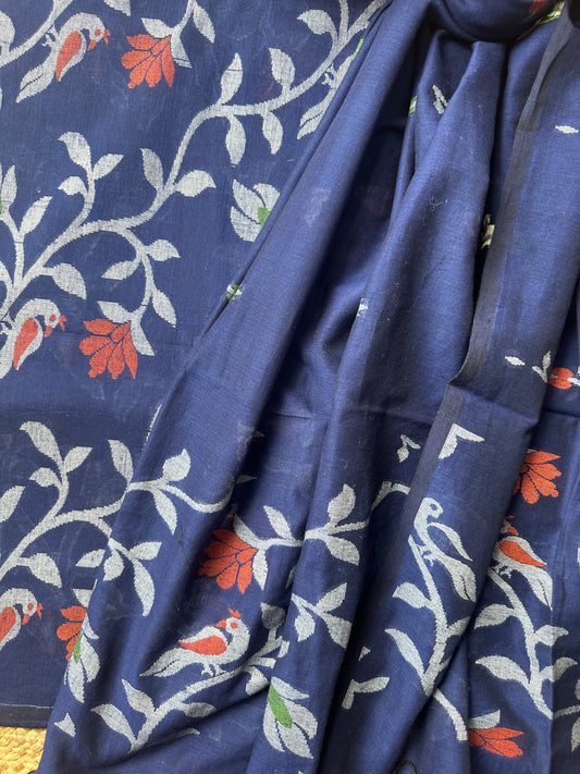 ROYAL BLUE  JAMDANI ALL OVER WOVEN MULL KURTA SET