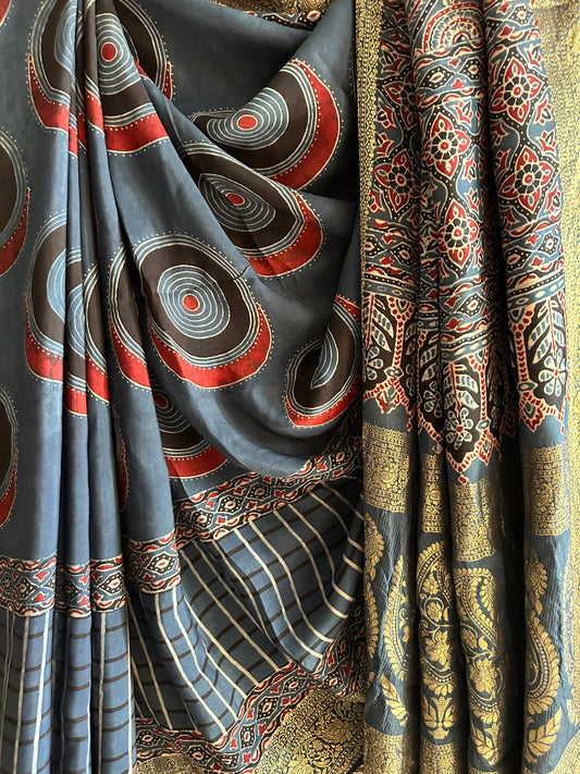 INDIGO BLACK DOLA  SILK AJRAKH ZARI BORDER SARI