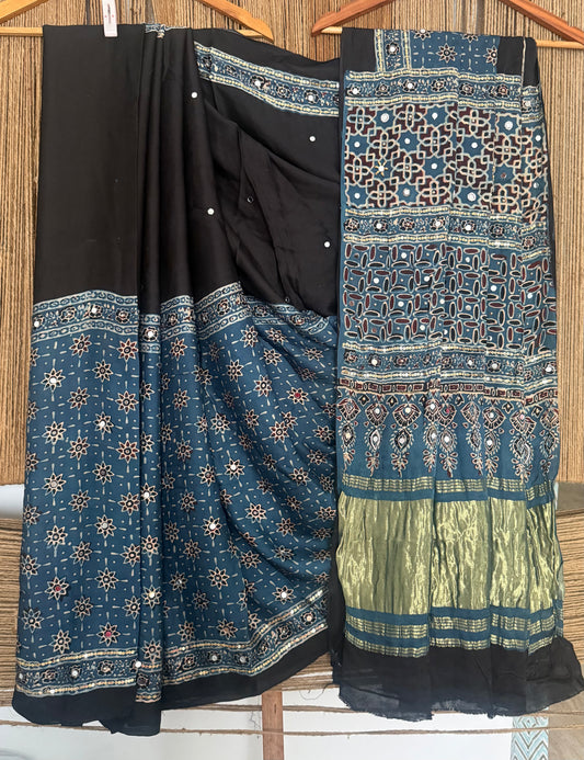 AIR FORCE BLUE AJRAKH HANDCRAFTED MIRROR AND SEQUENCE WORK MODAL SILK SARI WITH ZARI PALLU
