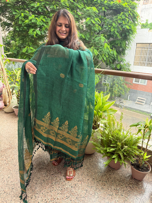 BOTTLE GREEN LINEN ZARI JAMDANI HANDWOVEN KURTA SET