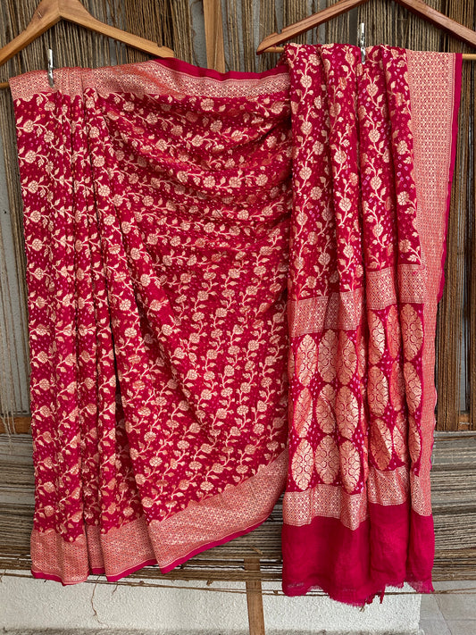 Pink Handwoven Neem Zari Bareek Bandhani Saree with Khaddi Georgette