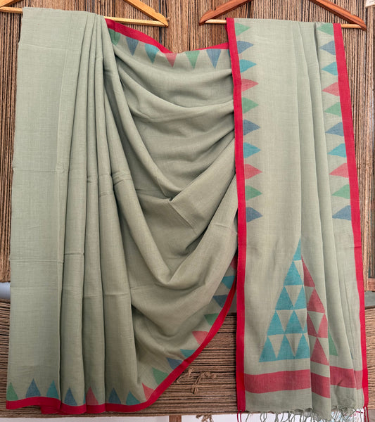 Sage Green handloom cotton needle jamdani wove sari
