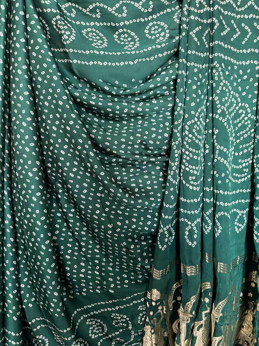 GREEN   BANDHANI  MODAL SILK PATOLA PRINT SARI WITH NAKSHI ZARI BORDER