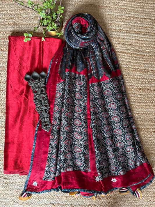 RED MASHRU SILK KURTA WITH AJRAKH PATCHWORK  HANDCRAFTED  MODAL SILK DUPATTA PWK-13