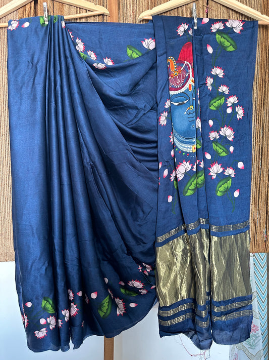 BLUE PICHWAI MODAL SILK PRINT SARI WITH ZARI BORDER