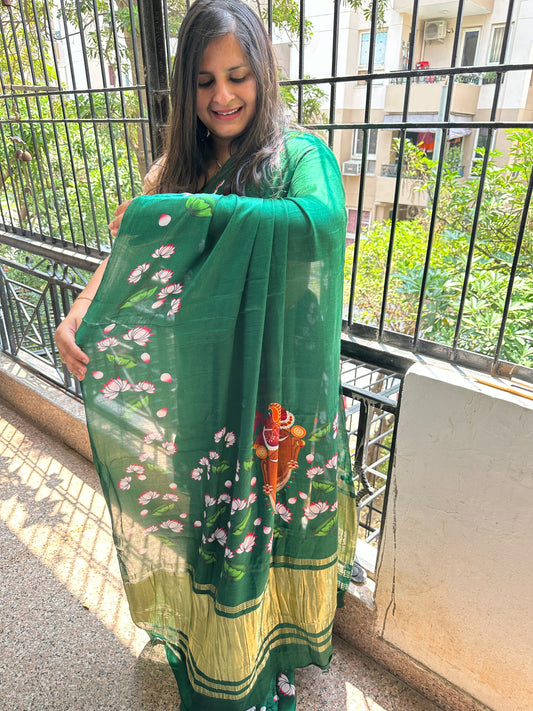 GREEN PICHWAI MODAL SILK PRINT SARI WITH ZARI BORDER