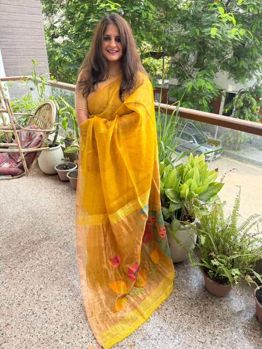 Old Yellow Jamdani sequence work handwoven pure muslin silk sari With Matka Silk Blouse Piece