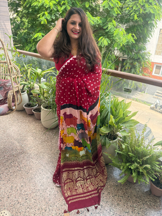 Maroon modal silk bandhani  handcrafted with pichwai print sari in nakshi elephant  border