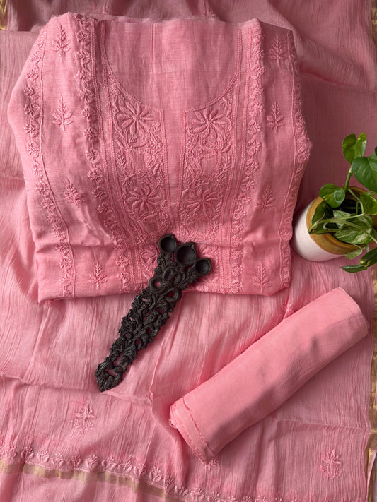 Salmon pink premium  chanderi cotton lucknowi chickenkari hand embroidery three piece suit
