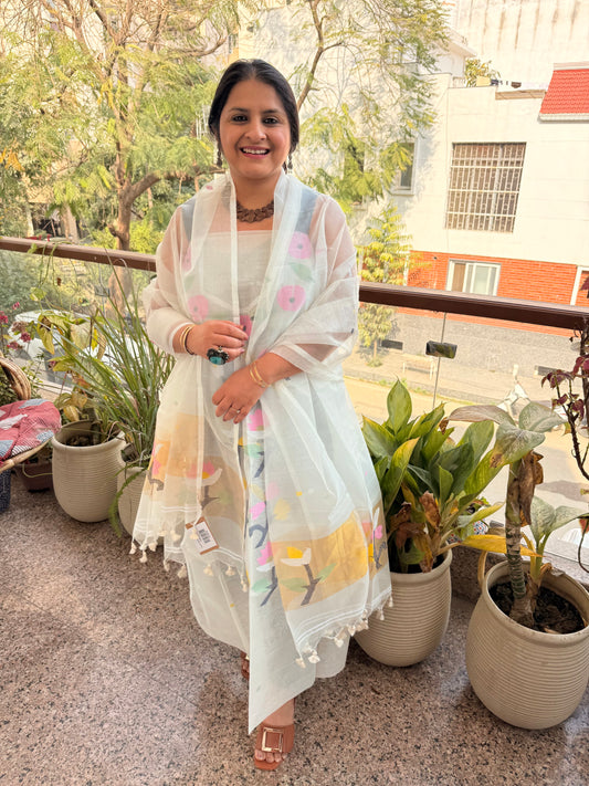 All white handwoven jamdani pure muslin silk kurta set mjk-105