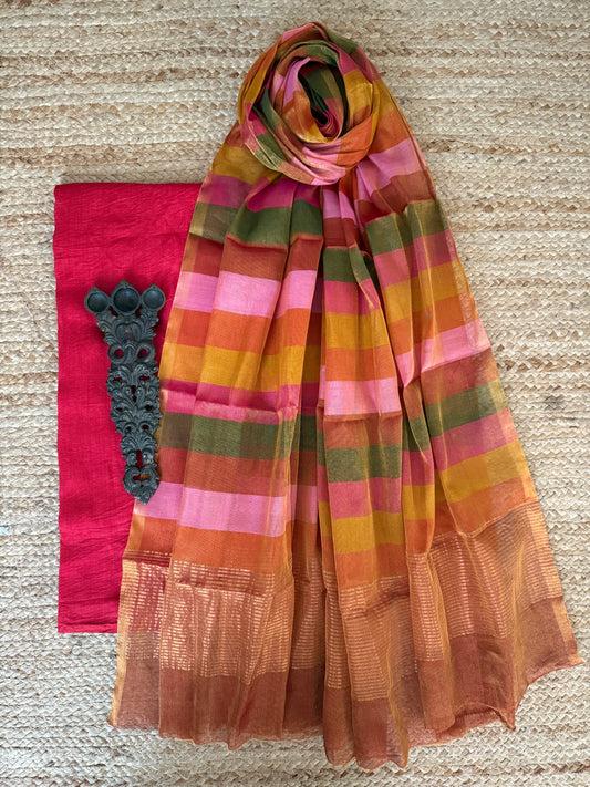 RED SOLID MUGA SILK KURTA WITH CHANDERI HANDLOOM SILK  DUPATTA