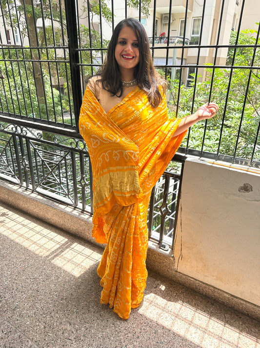BRIGHT YELLOW GAJJI SILK RAI BANDHANI  GHARCHOLA SARI