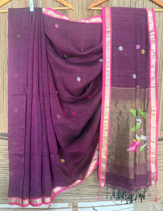 BURNT BURGUNDY MAROON  HANDWOVEN PURE LINEN SILK JAMDANI SARI WITH ZARI PALLU