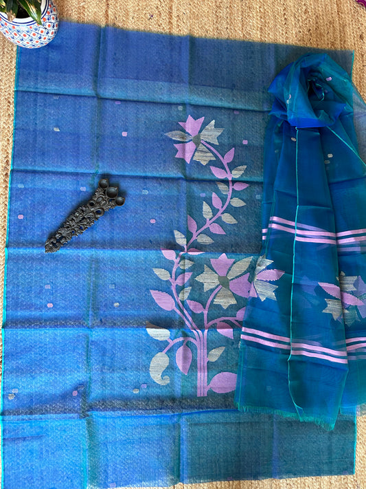 BLUE HANDWOVEN PURE MUSLIN SILK KURTA SET