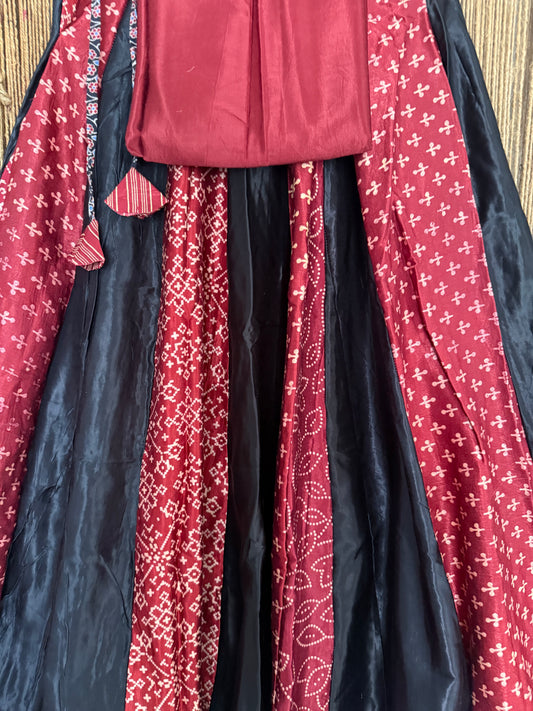 Maroon mashru silk blouse-with multicolour patchwork  handcrafted mashru silk Skirt
