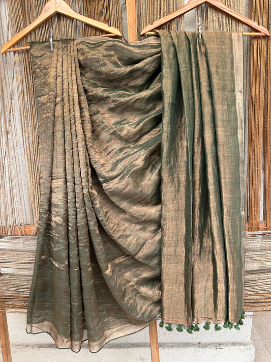 GREEN METALLIC LINEN SARI WITH WOVEN  BORDER &amp;  TASSELS