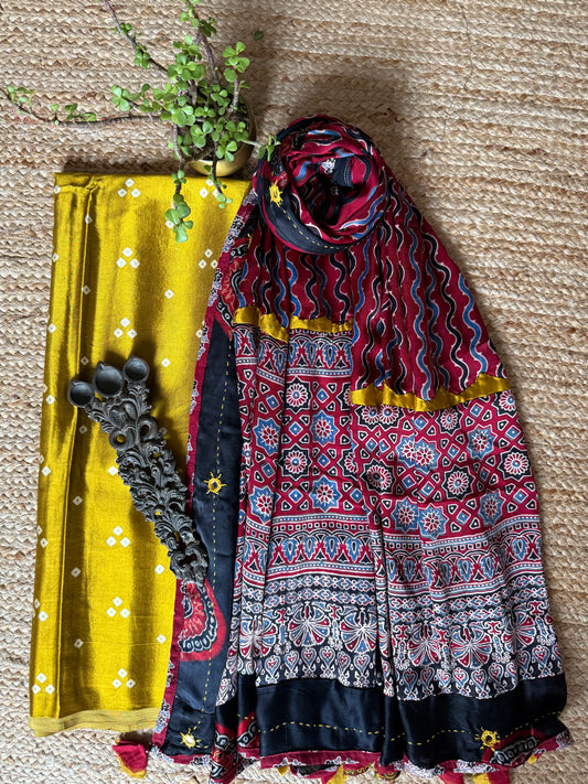MUSTARD YELLOW MASHRU SILK KURTA WITH AJRAKH PATCHWORK  HANDCRAFTED  MODAL SILK DUPATTA PWK-18