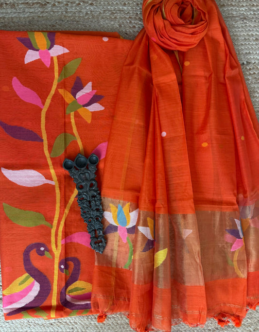 International Orange handwoven jamdani pure cotton silk kurta set mjk
