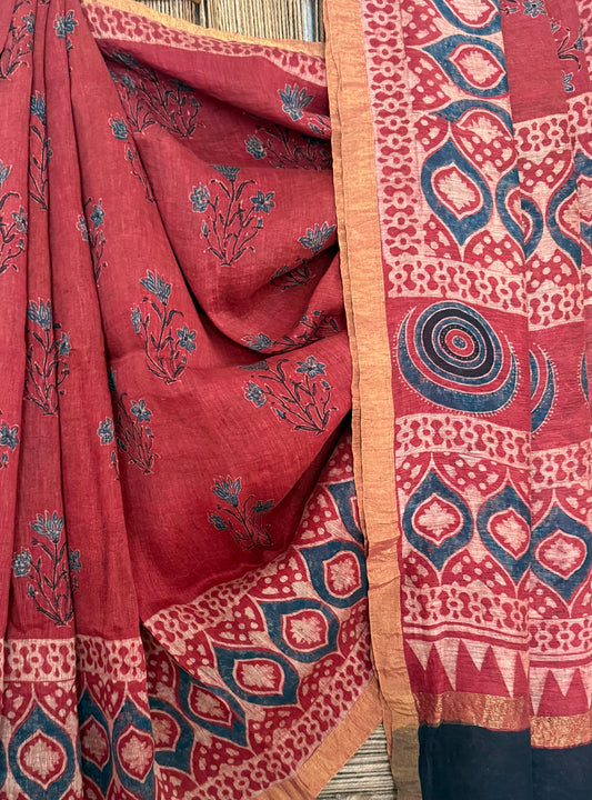 MAROON  NATURAL DYE HANDCRAFTED HANDBLOCK AJRAKH LINEN SILK SARI